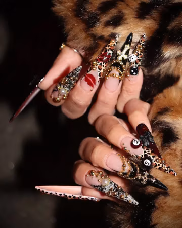 Y2K Leopard Print Press On Nails: Cross Charm & Pearl Nails Glam | XL Stiletto Shape | Red Lips Nails with Cross Charm | Bold Party Nail Art