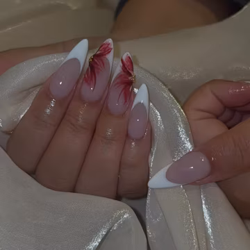 Hand Painted Floral French Press On Nails | Red Flower French Tip Nails | Acrylic Stiletto Fake Nails | Elegant Nail Art Wedding Nails