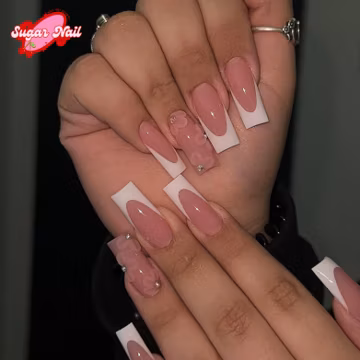 French β Press-On Nails with Neutral Pink Base, White French Tips & Floral Accents | Handmade Fake Nails Glue-On Nail Extensions