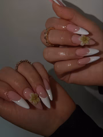Classic Feminine 3D Flower French Tip Press On Nails | Elegant Long Stiletto White Fake Nails | Bridal Wedding Custom Nails for Prom, Event
