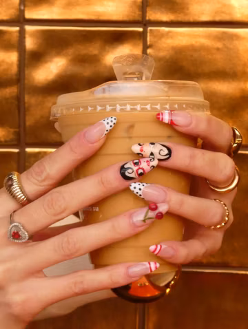 Hand-Painted Pop Art Face Press On Nails | Retro Cherry Polka Dot Medium Almond Fake Nails | Quirky Vintage Custom Quirky Nails for Party