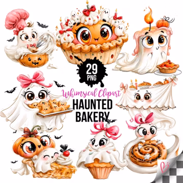 Halloween Ghost Bakery PNG Bundle, Cute Baking Ghost Clipart, Spooky Sweets, Pumpkin Desserts, Whimsical Treats, Commercial Use, 29 PNG