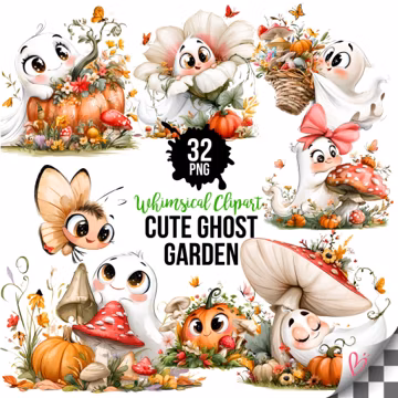Cute Ghost Garden PNG Bundle, Halloween Mushroom Clipart, Pumpkin Cottagecore Illustrations, Fall Woodland Designs, Commercial Use, 32 PNG