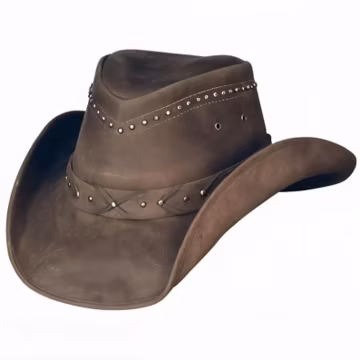 Brown Leather Western Hat – Handmade Outback Cowboy Style with Studded Band Handcrafted Brown Leather Cowboy Hat
