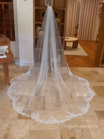 Scalloped Shiny Lace Wedding Veil Custom Length, Embroidery Flowers Bridal Veil,Clear Sequins, With Metal Comb