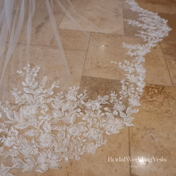 Scalloped Shape Beading Leaf Flowers Wedding Veil Cathedral Length, Elegant Bridal Veil, Shiny Veils,Handmade