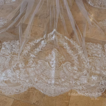 Vintage Lace Wedding Veil with Pearls: Hand-Beaded Cathedral Veil