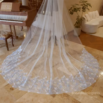 Floral Cathedral Wedding Veil: Blue Leaf, White Wildflowers, Fairy Tulle
