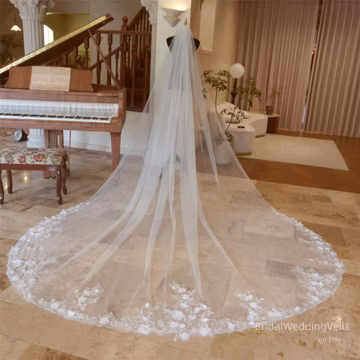 Ivory Floral Lace Wedding Veil Cathedral,3D Flowers Beaded Lace Veil, Long Veils,Bridal Veils,Fairy Bridal Veil,Stunning Veils