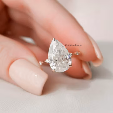 3Ct Pear Cut Solitaire Moissanite Wedding Ring, Hidden Halo Set Distance Share Pave Set Minimalist Teardrop Ring, Personalized Gift For Wife