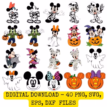 Mickey & Minnie in Halloween Party Costume PNG Design Bundle, 40 Disney Halloween Cliparts, Custom Disney Designs for Sublimation