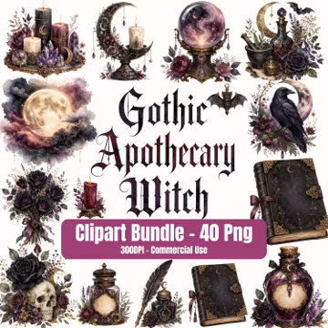 Gothic Apothecary Witch Clipart Bundle, Potion Bottles, Dark Botanical PNG, Mystical Stationery