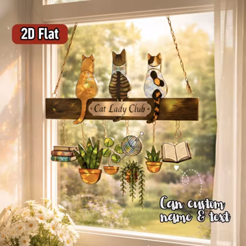 Personalized Cat Lady Suncatcher, Faux Stained Glass Acrylic Decor, Custom Pet Lover Gift