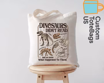 Dinosaurs Didn’t Read Tote Bag, Funny Book Lover Tote, Retro Dino Reader Bag, Library Gift