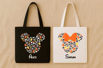 Custom Mickey and Minnie Tote Bag, Personalized Halloween Tote, Trick or Treat Bag, Custom Name Tote Bag, Mickey Minnie Halloween Style Bag