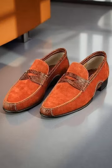 Bespoke Handmade Suede Leather Shoes, Orange Slip On Dress Loafer Shoes For Men