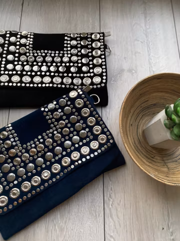 Navy Blue suede silver studs Hand Clutch with Shoulder Straps Berber style-bag, handbag, purse gifts, gifts for her Etsy's Pick,holiday,