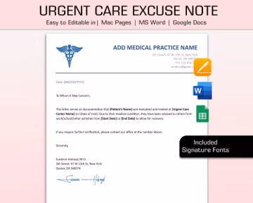 Urgent Care Doctor Excuse Template, Doctor Excuse for Work, Doctor Excuse Letter, Doctor Note For Work, Doctor Notes, Doctor Excuse Editable