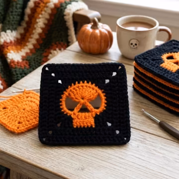 Skull Granny Square Crochet Pattern PDF, Halloween Gothic Motif (Digital Download)
