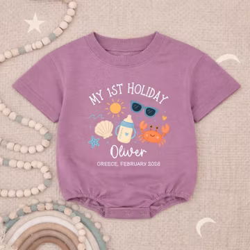 Personalized Baby Romper, My First Holiday Beach Bum Outfit, Summer Vacation Wear