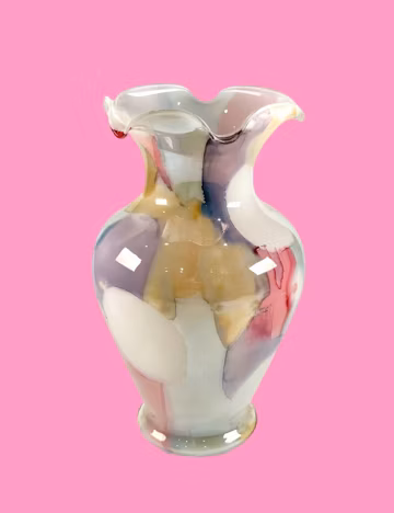 Vintage Italian Murano Linea Mary Art Glass Ruffle Vase Iridescent Watercolor