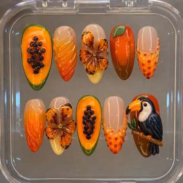 Tropical Papaya Toucan 3D Press On Nails, Handmade Summer Fruit Nails, Orange Flame Hibiscus Nails, Exotic Vacation Press Ons