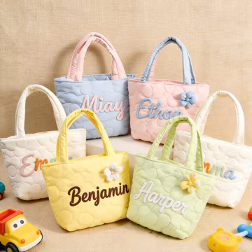 Custom Spring Floral Kids Tote Bag, Quilted Flower Handbag for Girls, Easter Gift, Lightweight Children Purse
