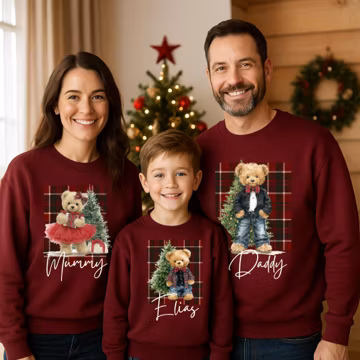 Personalized Family Christmas Sweatshirt, Tartan Bear Sweater