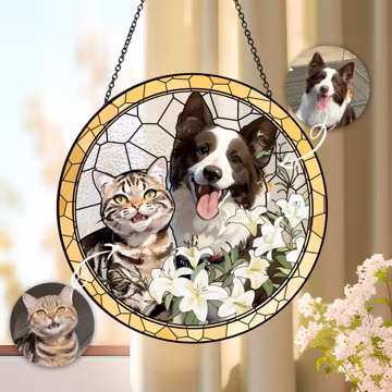 Custom Pet Portrait Stained Glass Suncatcher: Dog & Cat Memorial Art