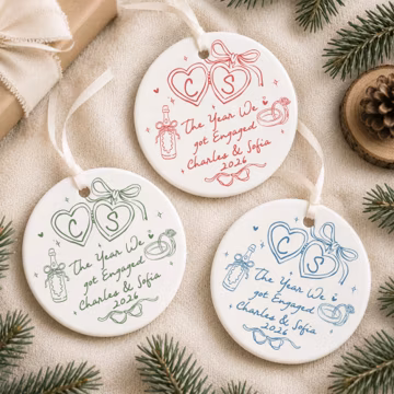 Personalized Engagement Ornament, The Year We Got Engaged Ceramic Ornament, Custom Couple Ornament with Names and Year, Bride to Be Gift