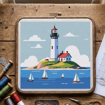 Lighthouse Island Coastal Cross Stitch Pattern (Digital Download)