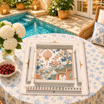 Coral Lantern Chinoiserie Mahjong Mat, Peony Bird Pagoda Mahjong Table Mat, Elegant Chinese Garden Game Surface, Gift for Mahjong Lovers