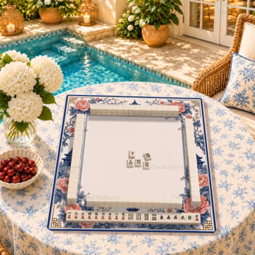 Pink Peony Chinoiserie Mahjong Mat, Blue Pagoda Floral Mahjong Table Mat, Elegant Chinese Garden Game Surface, Gift for Mahjong Lovers