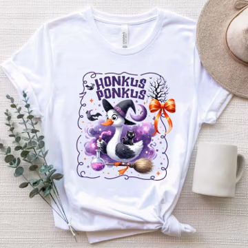 Cute Halloween Duck, Witch Black Cat Duck Tee, Funny Fall Animal Costume Outfit, Spooky,Duck Flying on Broomstick with Cat Funny Magic Spell