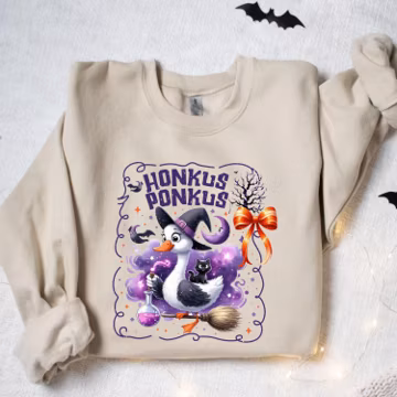 Honkus Ponkus Goose Sweat, Witch Halloween Shirt, Cute Duck Flying on Broomstick with Cat, Funny Magic Spell Sweat, Fall Graphic Tee Gift
