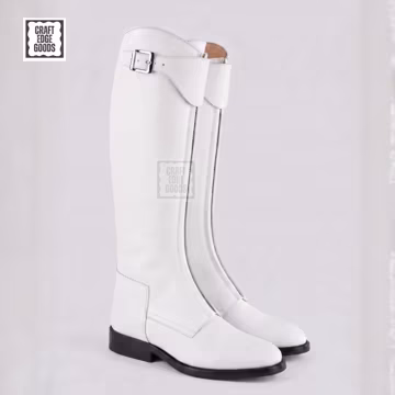 Men’s White Polo Boots Tall Leather Riding Boots with Front Zip & Buckle Strap
