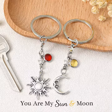 Personalized Sun or Moon Birthstone Keychain, Celestial Star Charm Keyring, Couple Gift, Best Friend Keepsake, Birthday or Anniversary Gift