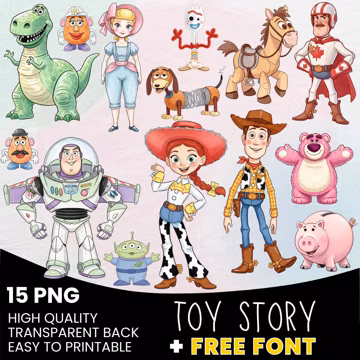 Toy Story Watercolor Cliparts, Woody Jessie Watercolor PNG, Buzz Lightyear, Allien, Rex, Forky Watercolor, Printable, Birthday Cake Topper