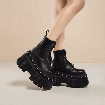 Black Punk Platform Boots for Women, Chunky Gothic Ankle Boots with Metal Rivet Detail