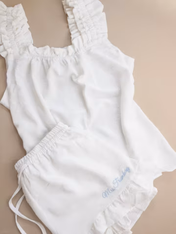 Embroidered Bridal Pajama Set: Ruffled Tank and Shorts, Mrs Getting Ready Outfit, White Bridal Shower Outfit, Custom Engagement Gift