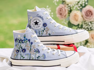 Dusty Blue Floral Converse Sneakers, Something Baby Blue Wedding Shoes, Personalized Name, Elegant Minimal Bridal Sneakers
