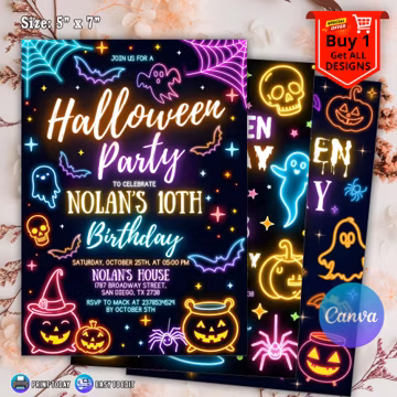 Editable Neon Halloween Birthday Invitation, Halloween Invitation Kids Halloween Birthday Halloween Spooky Party Invite, Neon Glow Halloween