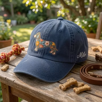 Custom Floral Dachshund Embroidered Hat, Cute Wiener Dog Lover Baseball Cap, Floral Dachshund Mom Dad Hat, Vintage Dog Mama Gift Cap