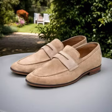 Beige Suede Penny Loafers Leather Slip-On Dress Shoes for Men