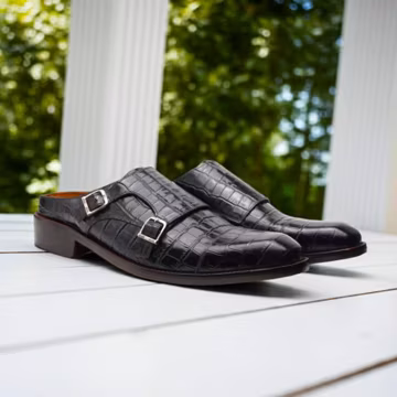 Black Alligator Embossed Leather Clogs β Handmade Double Monk Slip-On Loafers β Men's Leather Slippers