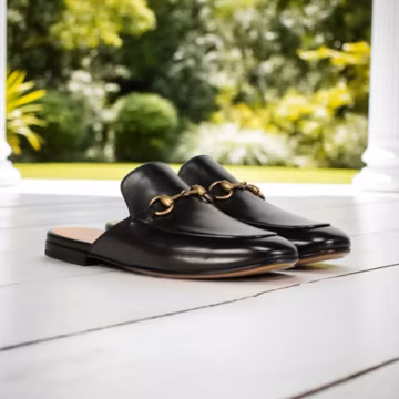 Men’s Black Leather Horsebit Mules – Handmade Backless Loafers - Men Leather Slippers