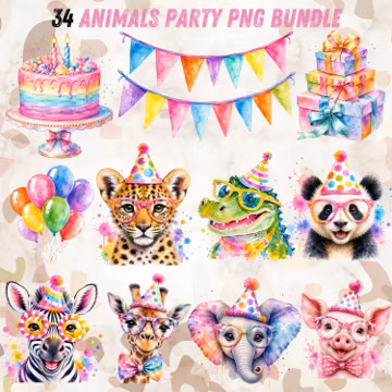 Animal Party PNG bundle, Watercolor PNG, Cute Animals Png, High Quality, Colorful Birthday Clipart, Jungle Animals,Commercial Use Digital