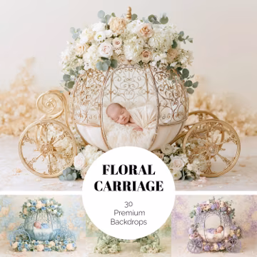 30 Floral Carriage Newborn set Digital Backdrops, Maternity Background, Pastel Baby Backdrop, Photoshop Overlays Photo Prop JPG