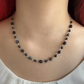 Black Obsidian Tourmaline Necklace, Rutilated Quartz Hematite Silver Necklace, October Birthstone Jewelry, Anniversary Birthday Gift for Her