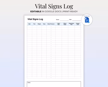 Printable Vital Signs Log | Medical Health Tracker | Blood Pressure, Heart Rate & Oxygen Log Sheet | Editable Google Docs Template